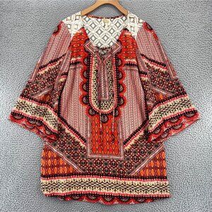 Fig & Flower Top Womens Small Orange Batik Lace Yoke Long Slit Bell Sleeve Tunic